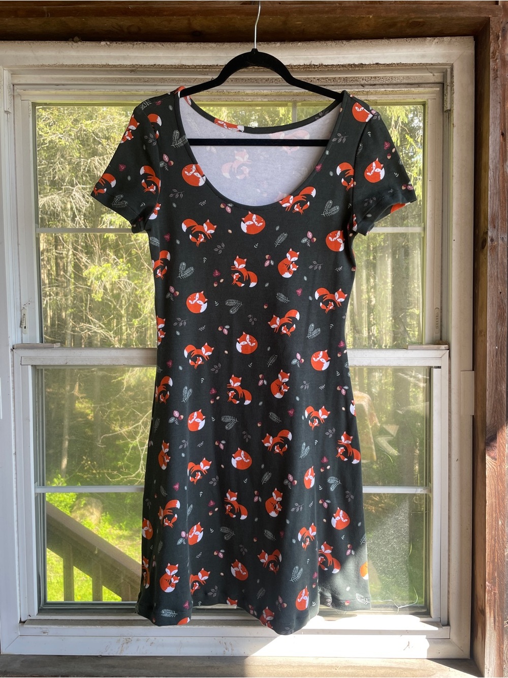 Handmade dark green A-line dress with adorable foxes